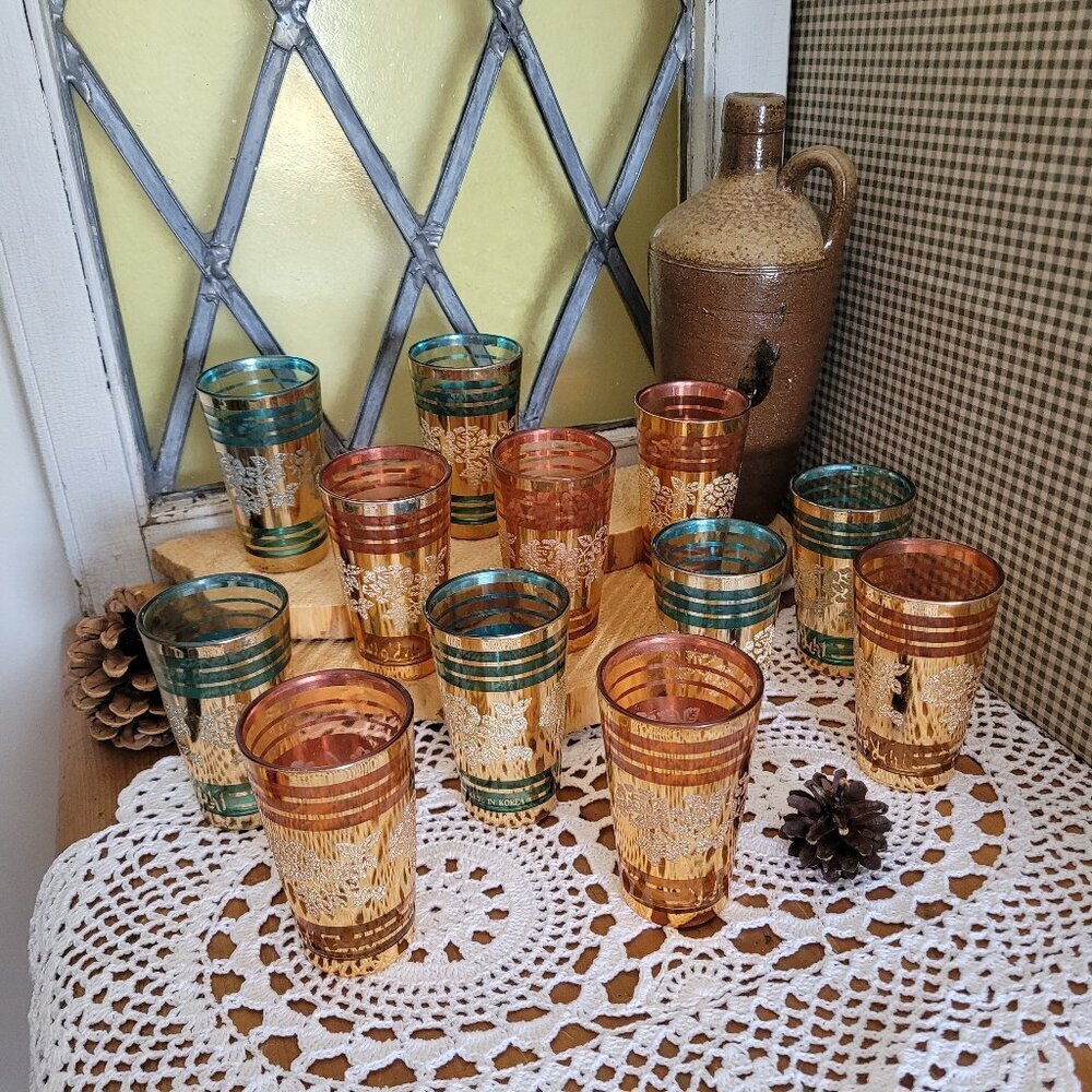 12 Vintage Drinking Glasses from Korea - Orange, Turquoise & Gold Roses - Picture 3 of 15